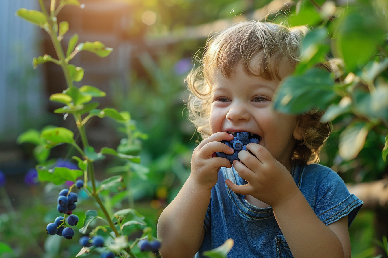 Image gratuite Enfant mangeant myrtilles dans jardin 4