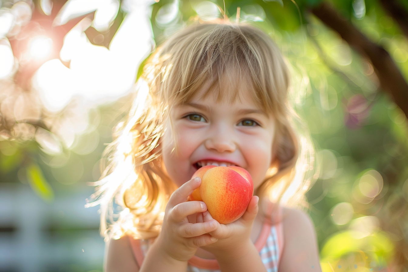 Image gratuite Enfant mangeant nectarines dans jardin 1