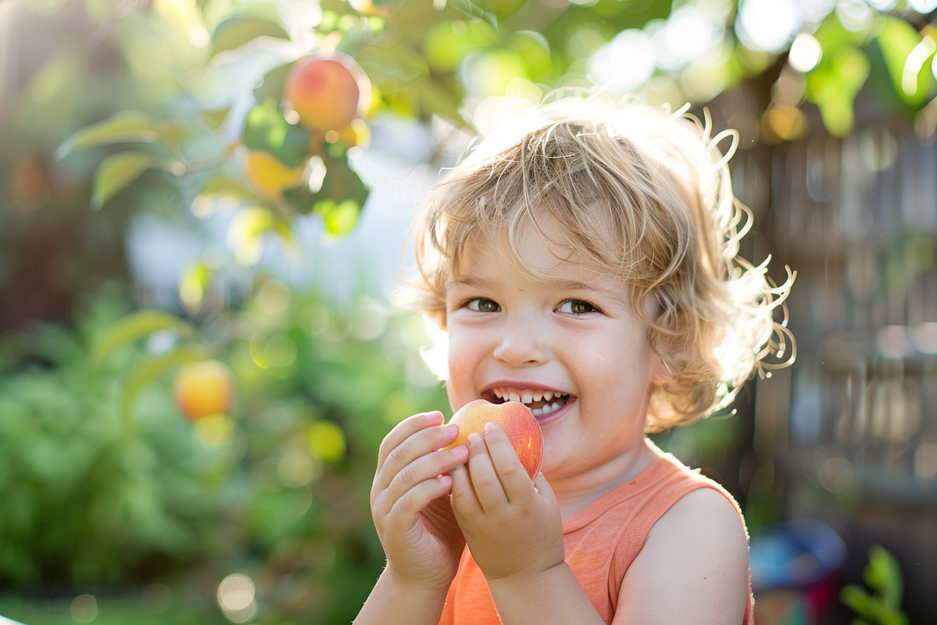 Image gratuite Enfant mangeant nectarines dans jardin 2