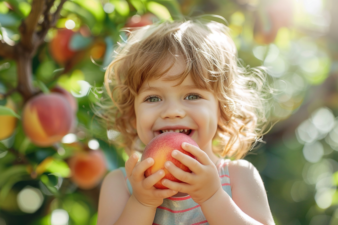 Image gratuite Enfant mangeant nectarines dans jardin 3