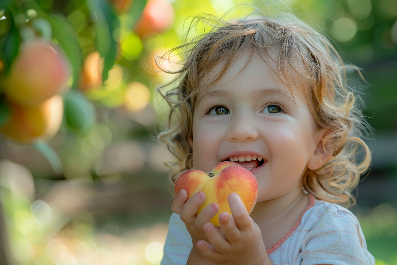 Image gratuite Enfant mangeant nectarines dans jardin 4