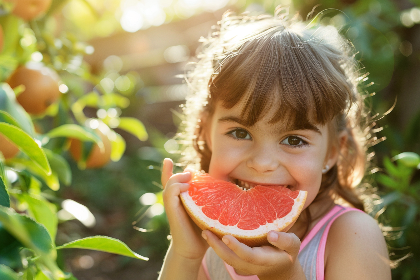 Image gratuite Enfant mangeant pamplemousses dans jardin 1