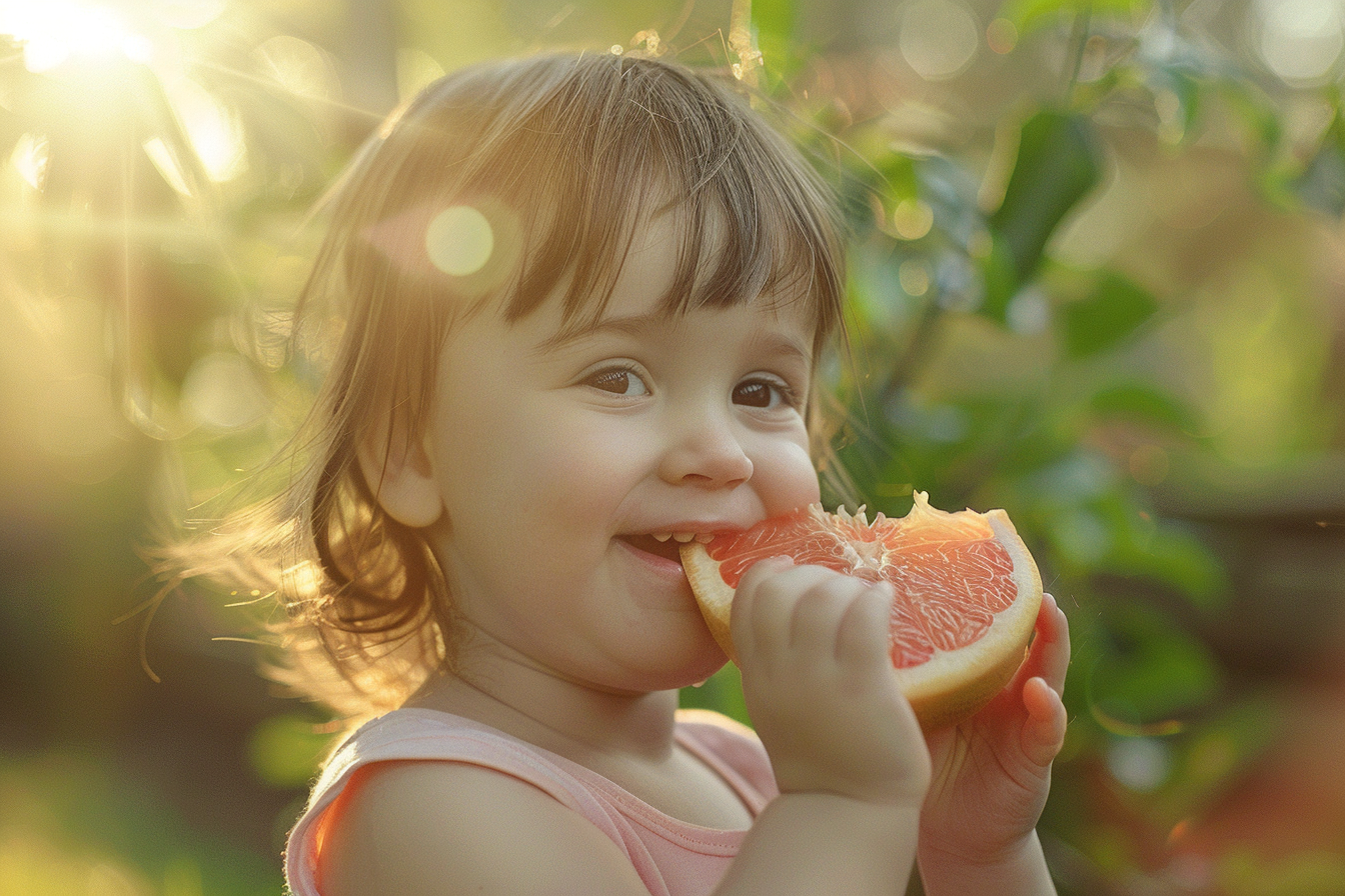 Image gratuite Enfant mangeant pamplemousses dans jardin 2