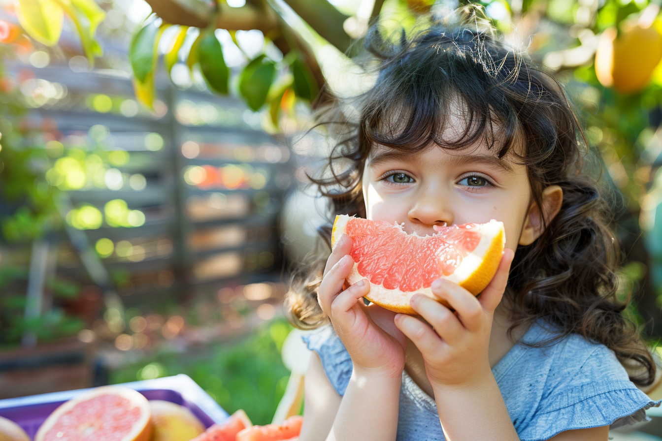 Image gratuite Enfant mangeant pamplemousses dans jardin 3