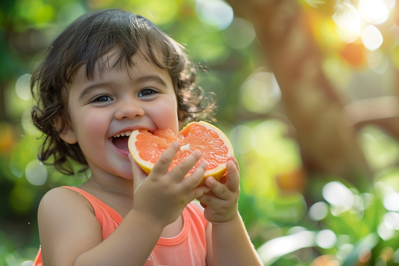 Image gratuite Enfant mangeant pamplemousses dans jardin 4