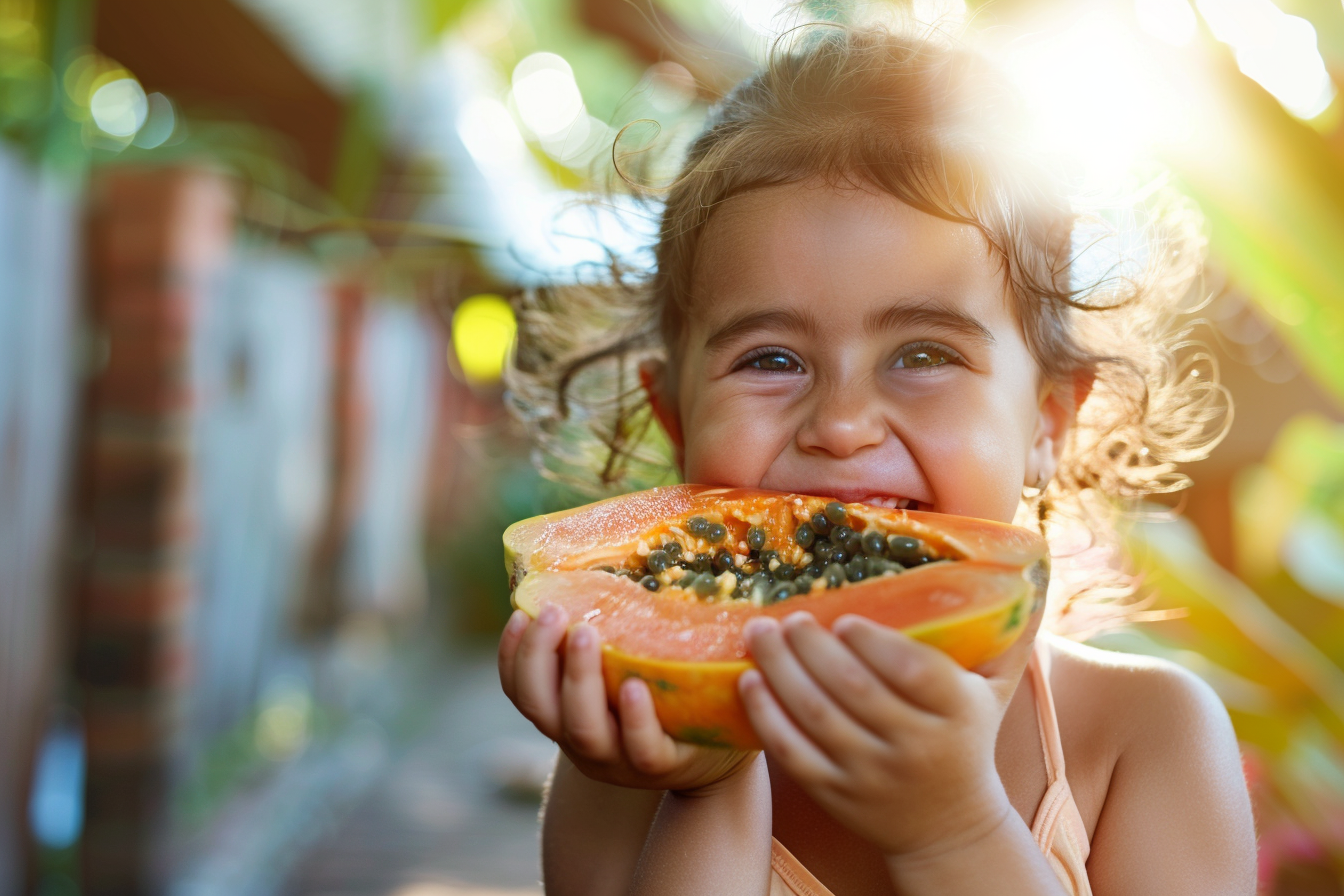 Image gratuite Enfant mangeant papayes dans jardin 1