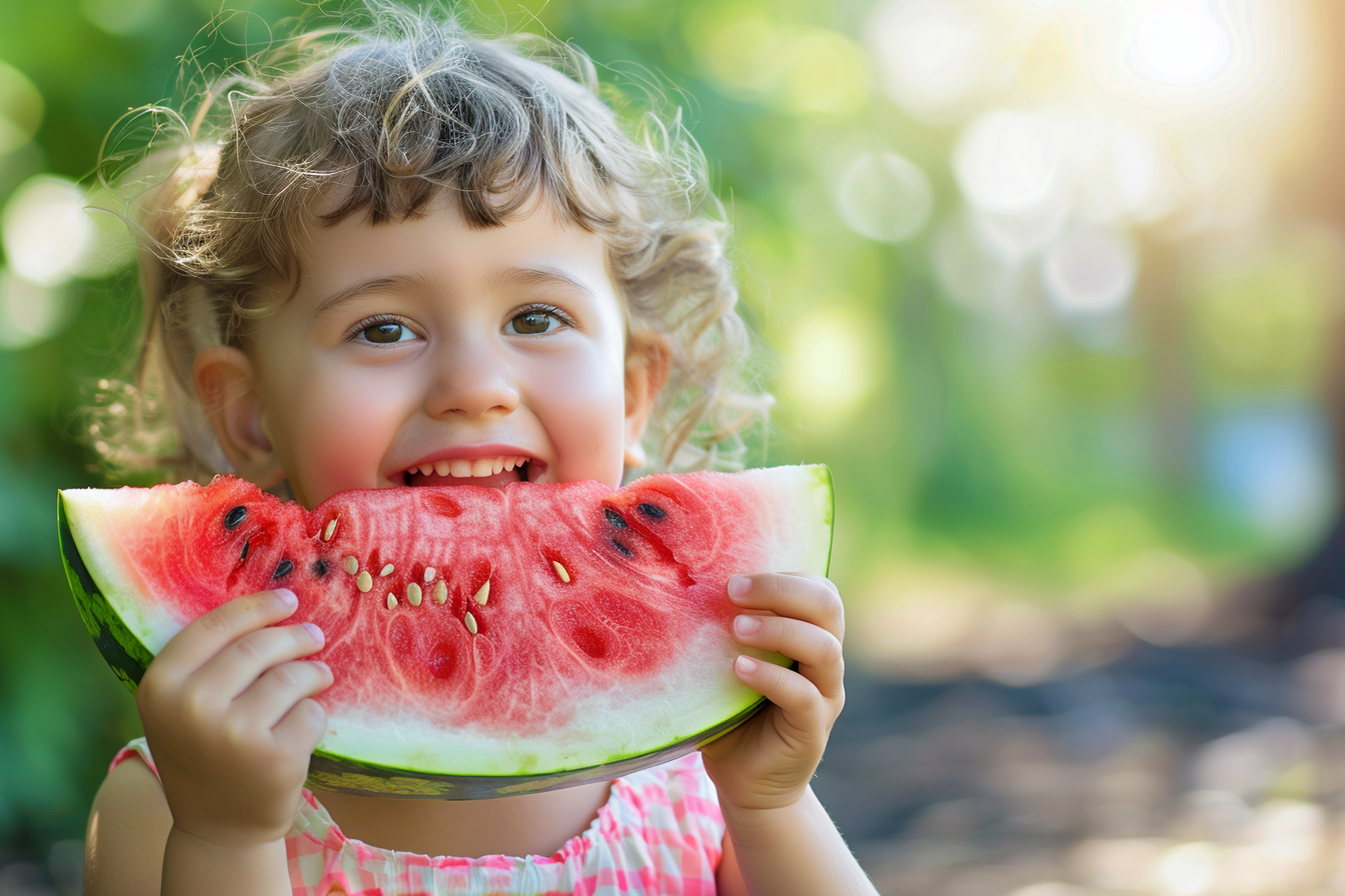 Image gratuite Enfant mangeant pastèque dans jardin 1