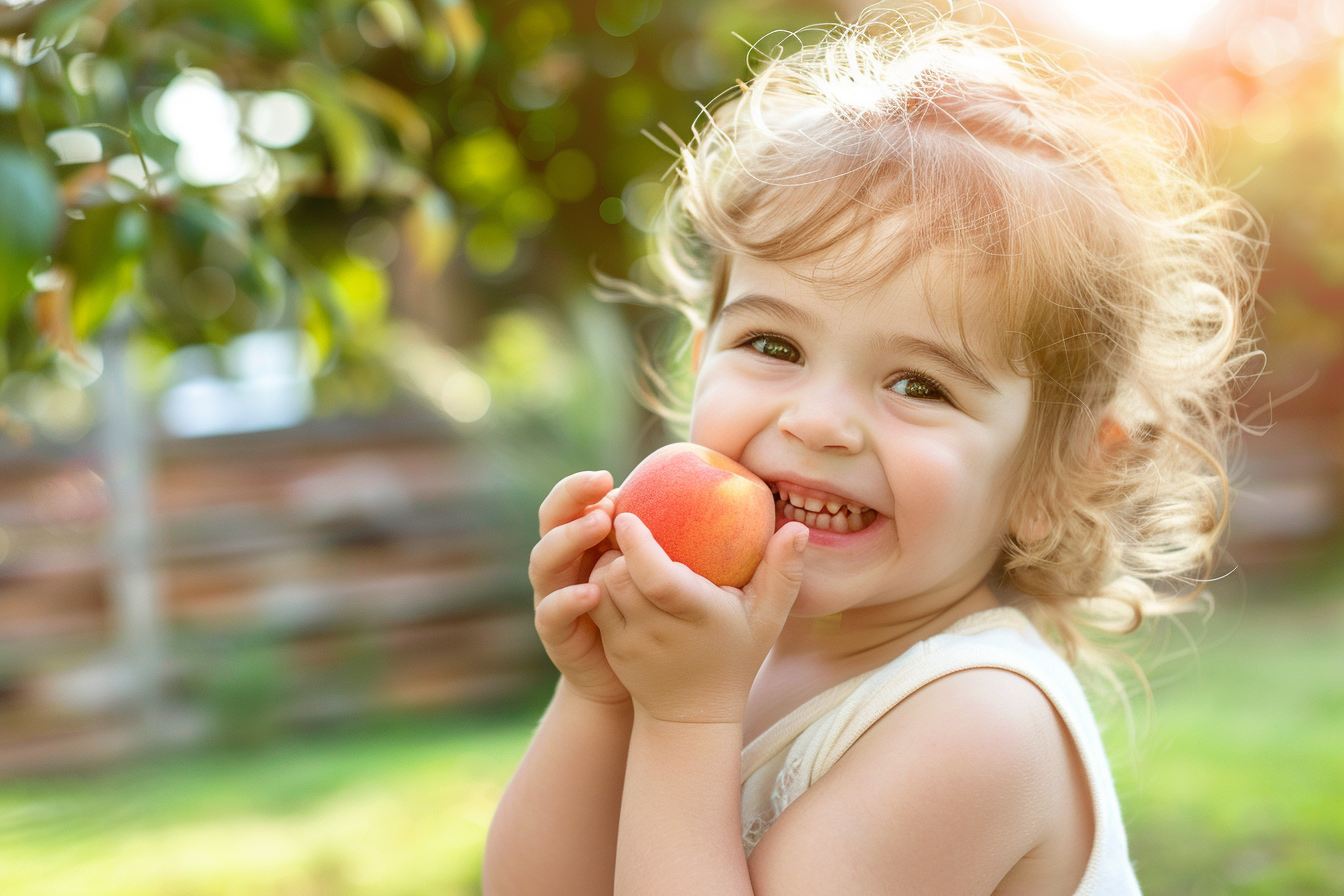 Image gratuite Enfant mangeant pêche dans jardin 1