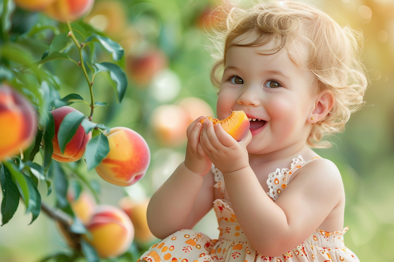 Image gratuite Enfant mangeant pêche dans jardin 2