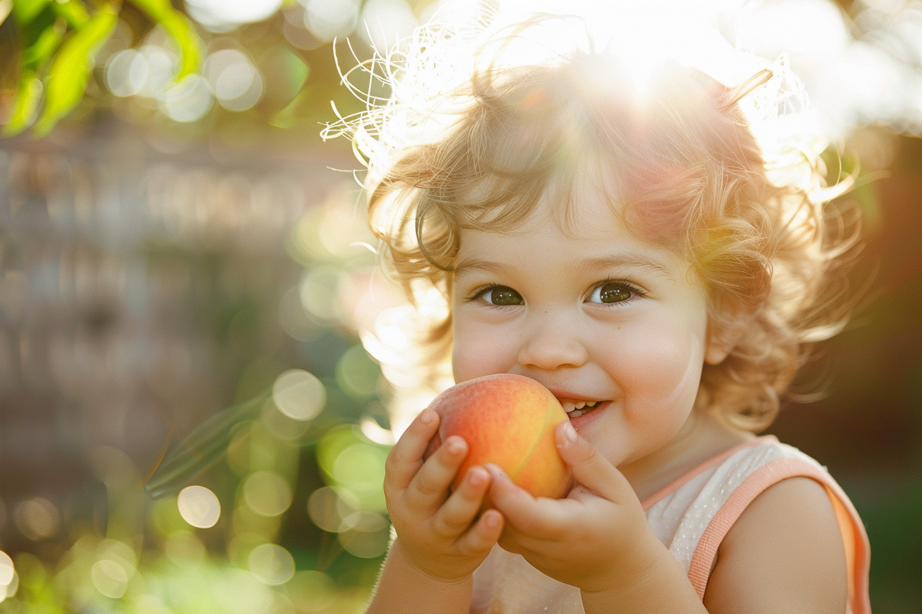 Image gratuite Enfant mangeant pêche dans jardin 3