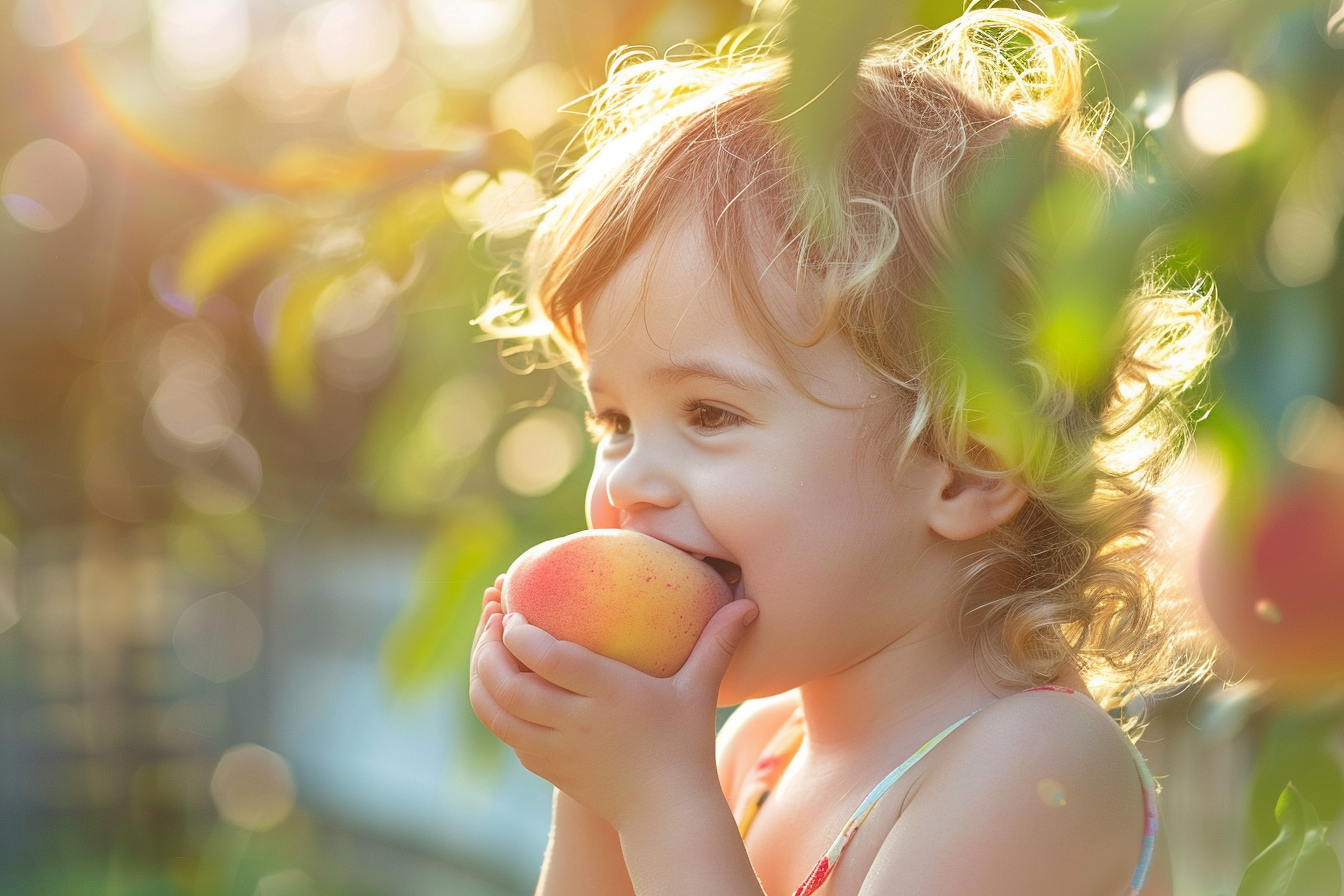 Image gratuite Enfant mangeant pêche dans jardin 4