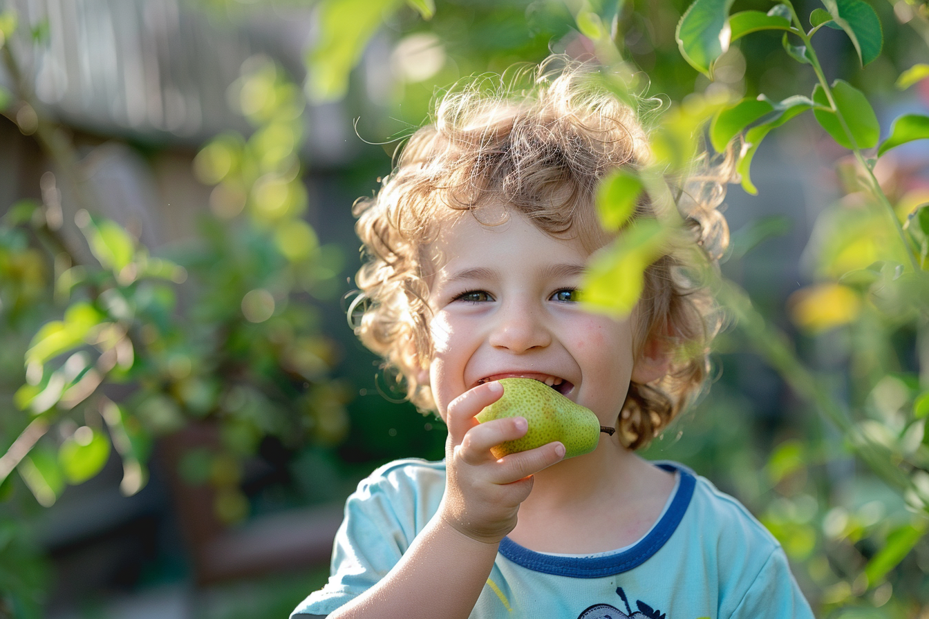 Image gratuite Enfant mangeant poire dans jardin 1