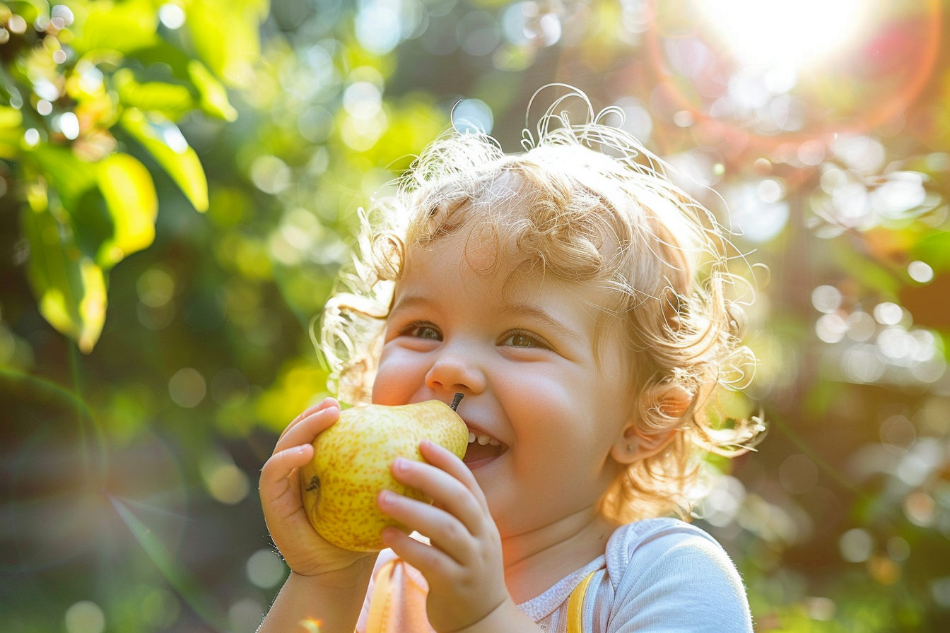 Image gratuite Enfant mangeant poire dans jardin 2