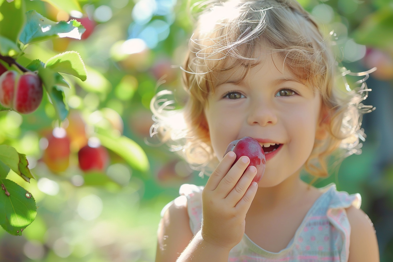 Image gratuite Enfant mangeant prune dans jardin 1
