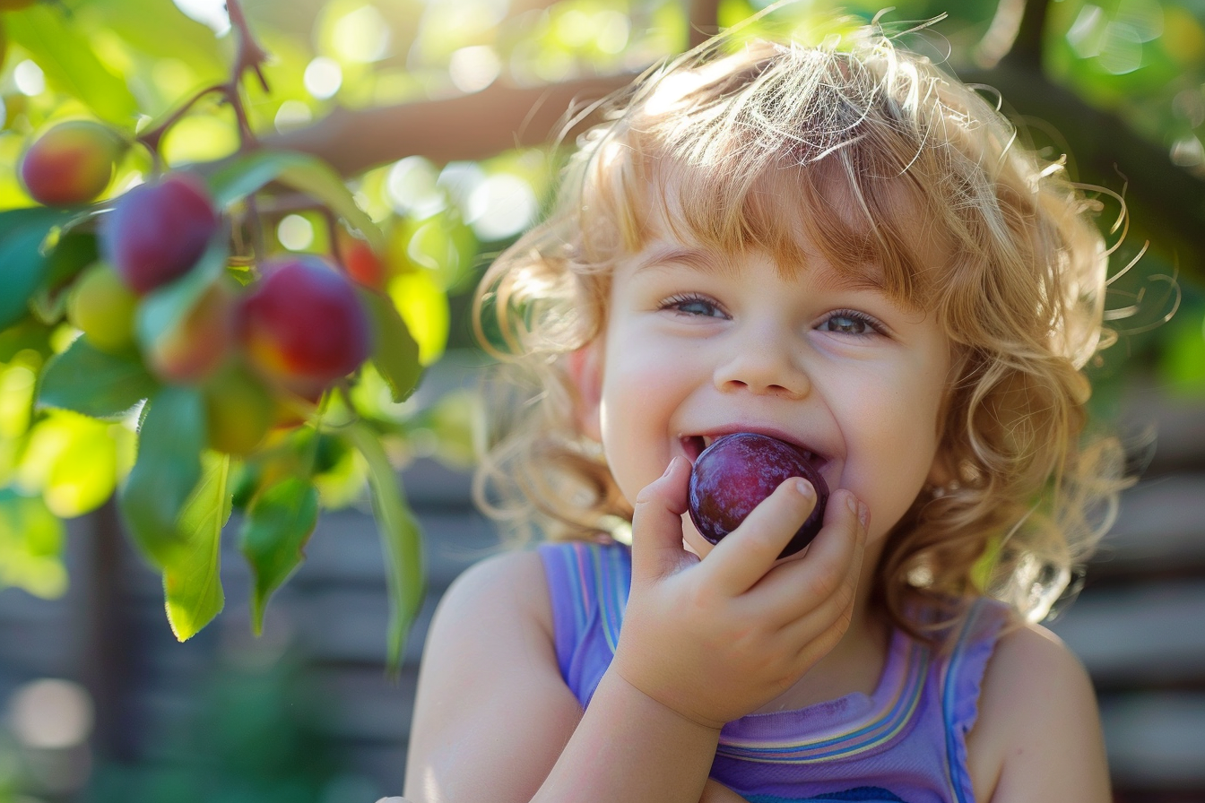 Image gratuite Enfant mangeant prune dans jardin 2