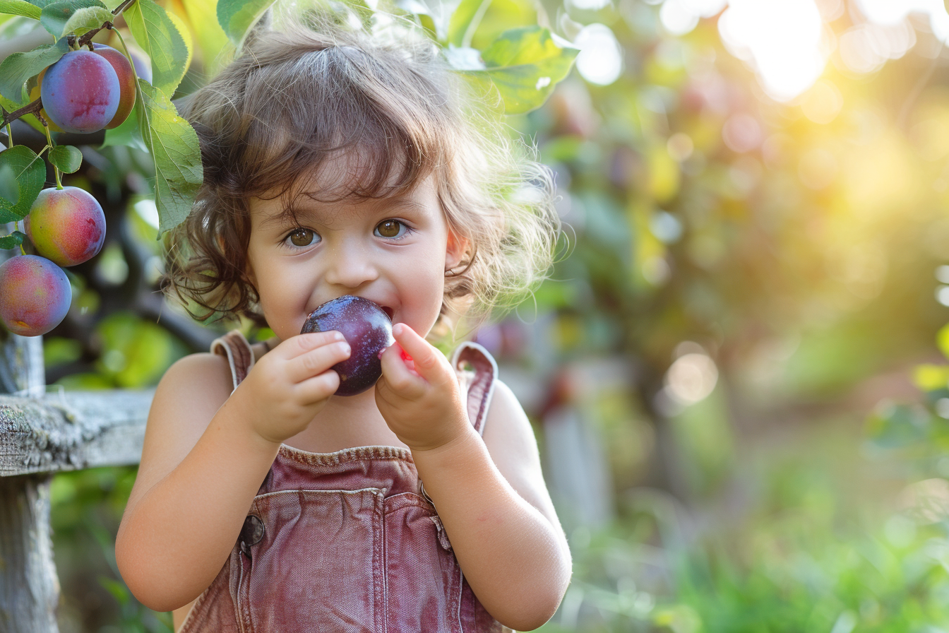 Image gratuite Enfant mangeant prune dans jardin 4