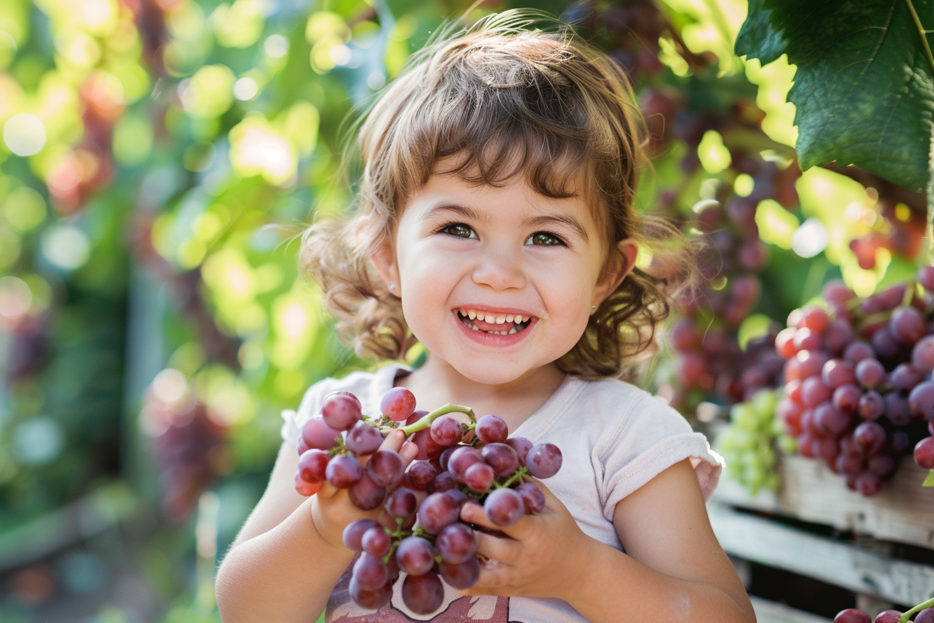 Image gratuite Enfant mangeant raisins dans jardin 1