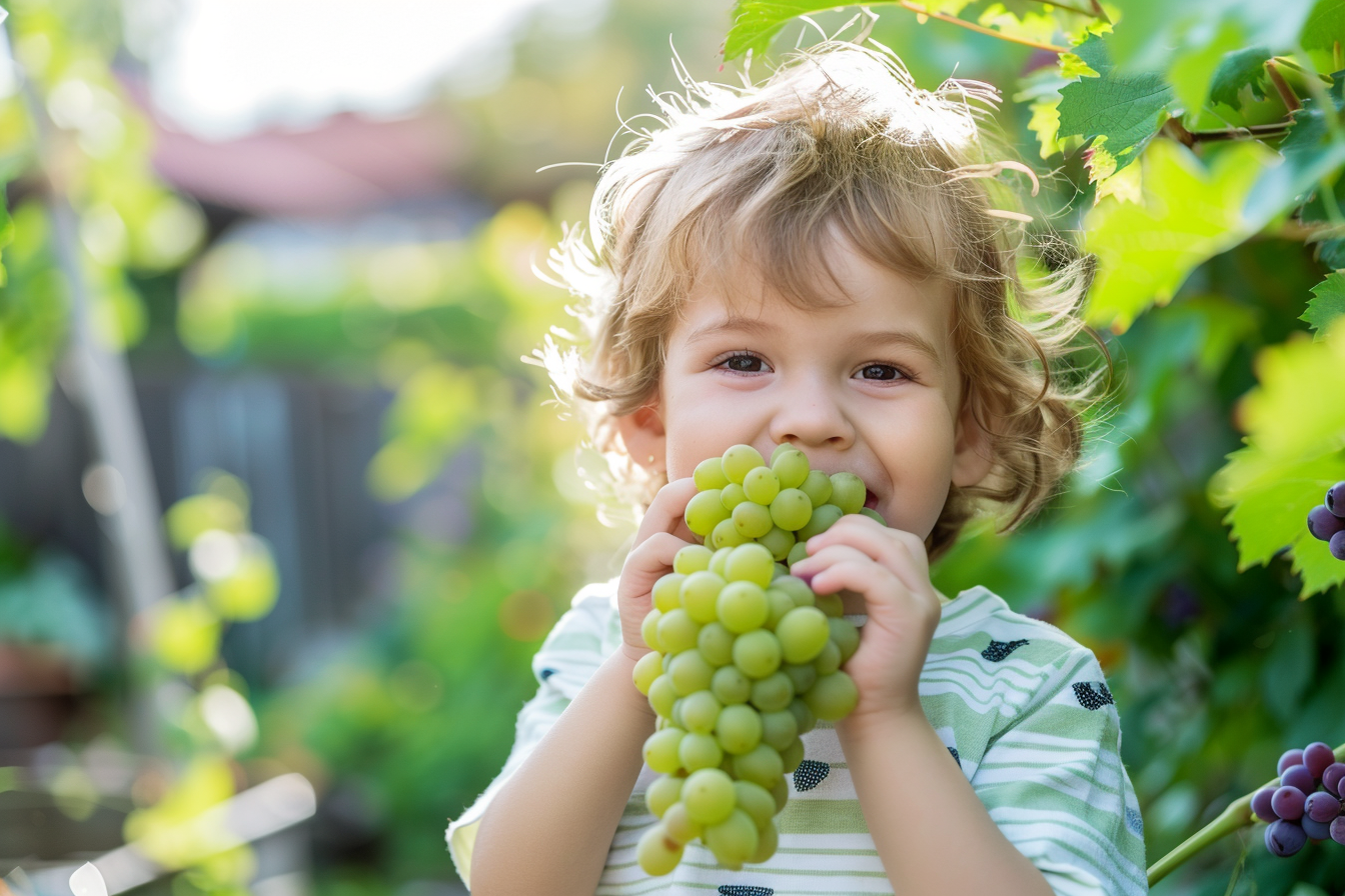 Image gratuite Enfant mangeant raisins dans jardin 2
