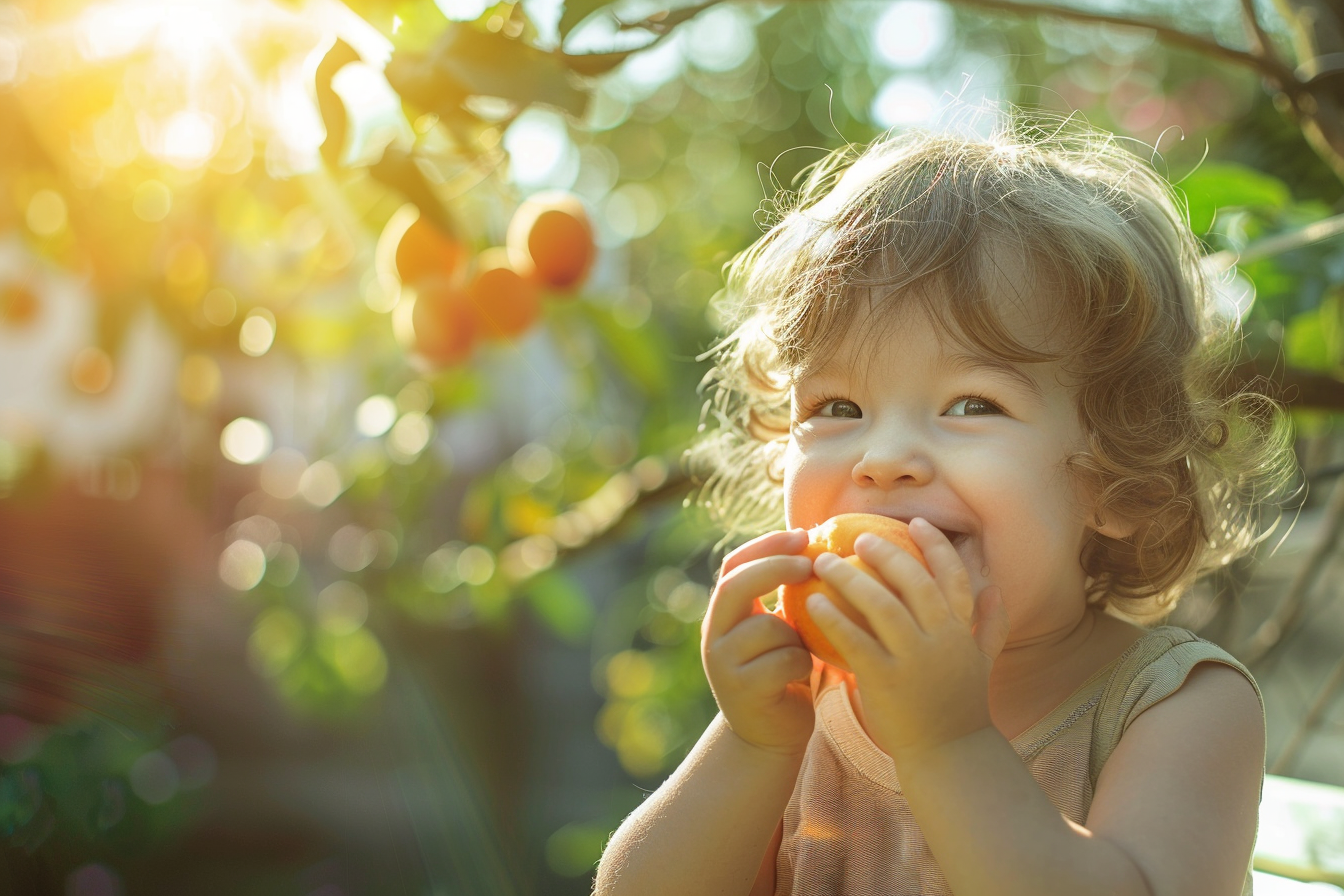Image gratuite Enfant mangeant un abricot dans le jardin 1