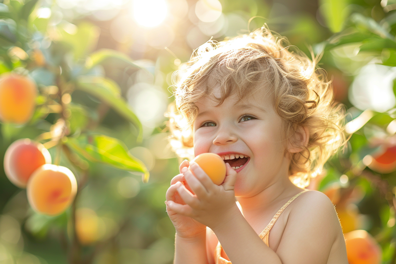 Image gratuite Enfant mangeant un abricot dans le jardin 2