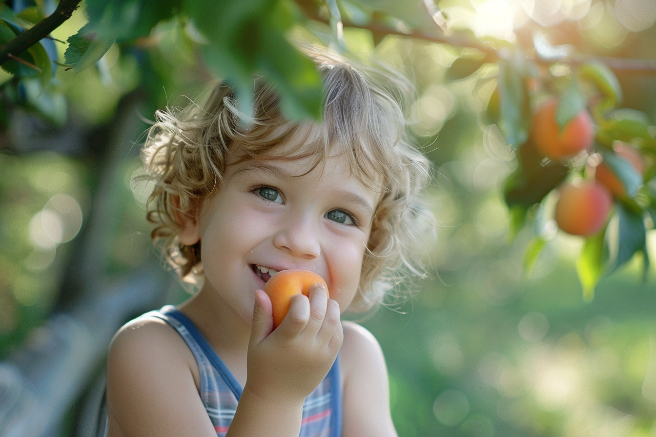 Image gratuite Enfant mangeant un abricot dans le jardin 3