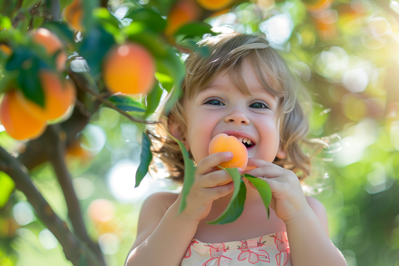 Image gratuite Enfant mangeant un abricot dans le jardin 5