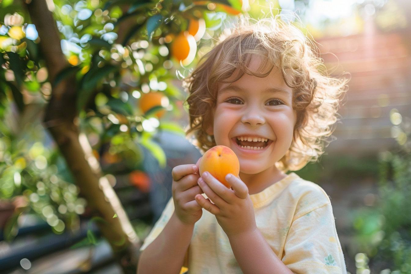 Image gratuite Enfant mangeant un abricot dans le jardin 6