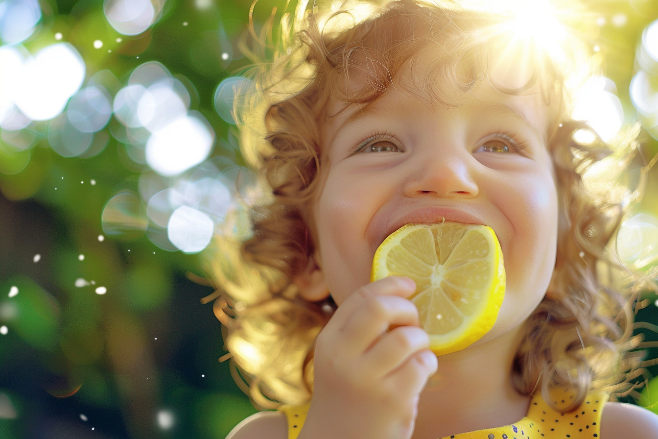 Image gratuite Enfant mangeant un citron dans le jardin 1