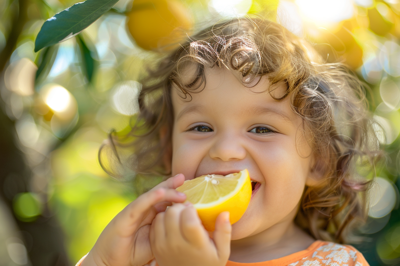 Image gratuite Enfant mangeant un citron dans le jardin 2