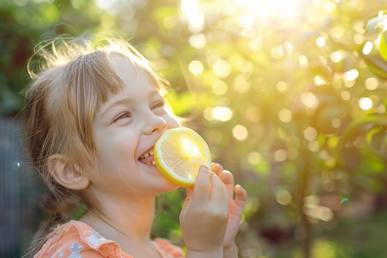 Image gratuite Enfant mangeant un citron dans le jardin 3