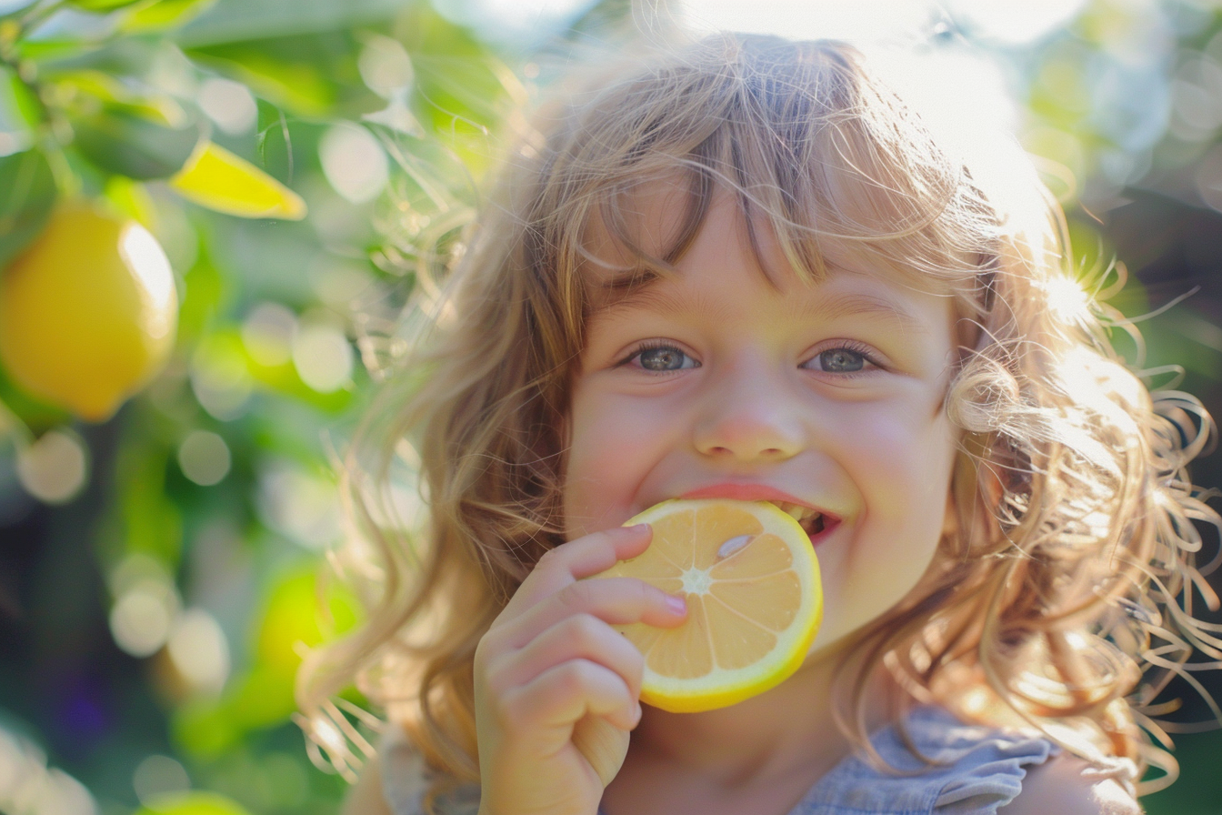 Image gratuite Enfant mangeant un citron dans le jardin 4