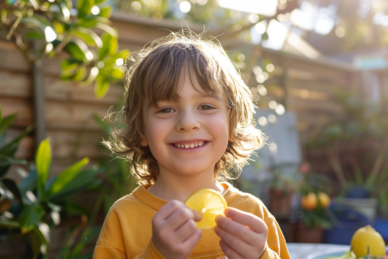 Image gratuite Enfant mangeant un citron dans le jardin 5