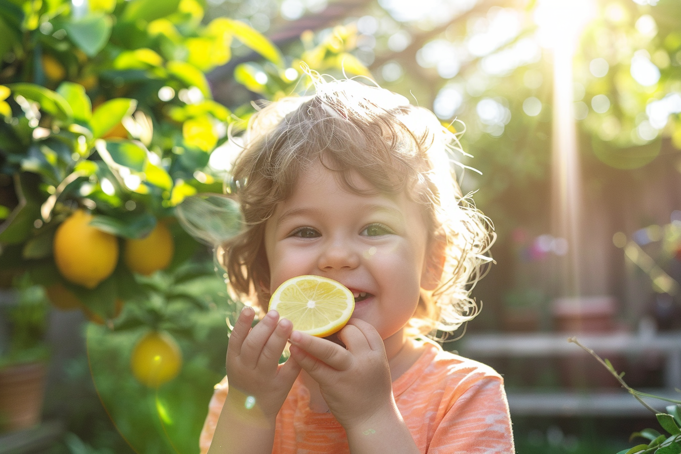 Image gratuite Enfant mangeant un citron dans le jardin 6