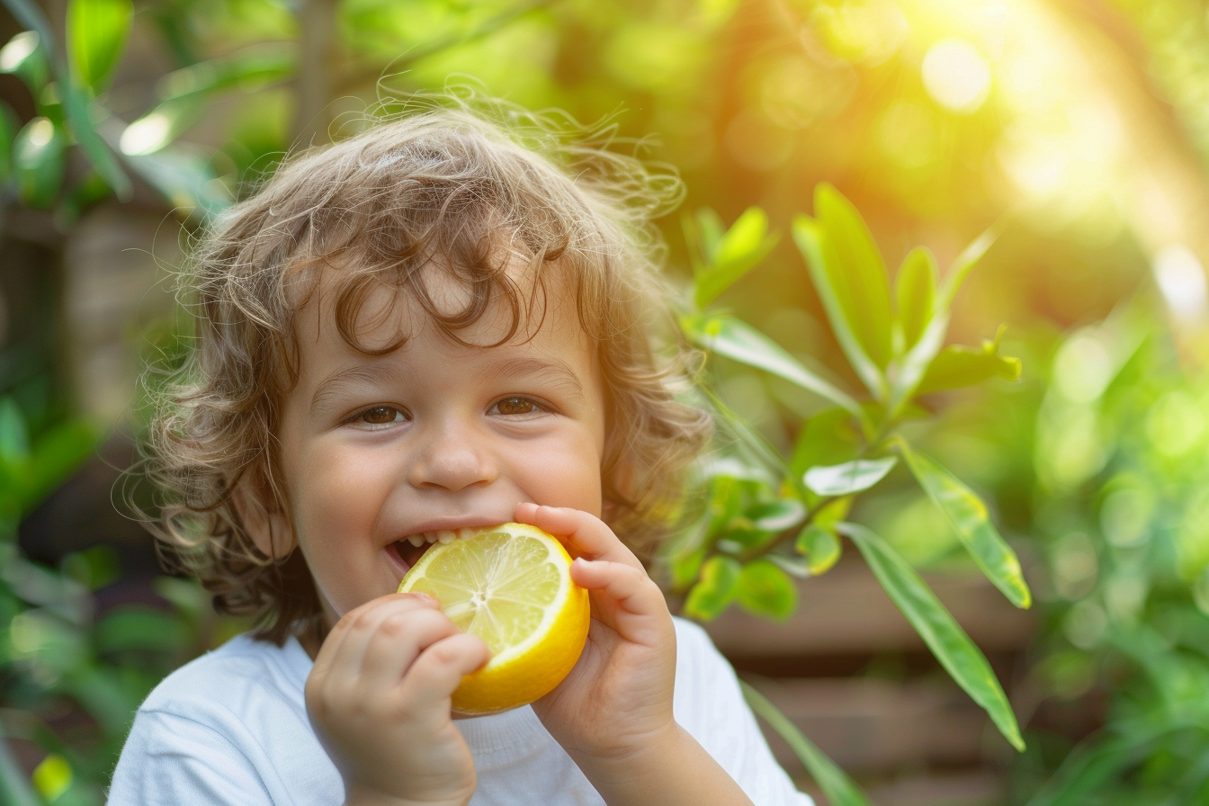 Image gratuite Enfant mangeant un citron dans le jardin 7