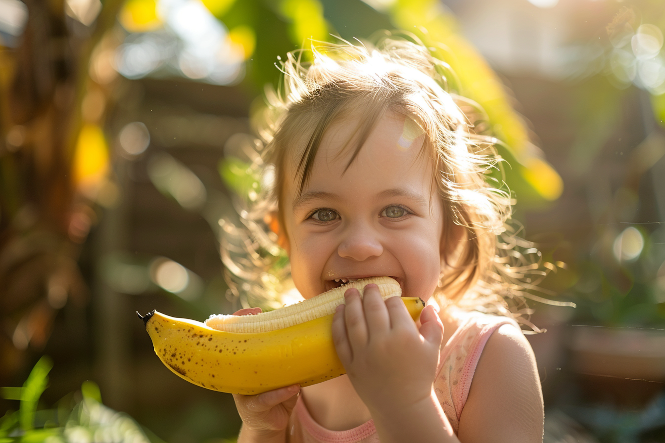 Image gratuite Enfant mangeant une banane dans le jardin 2