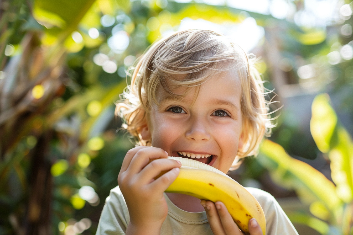 Image gratuite Enfant mangeant une banane dans le jardin 3