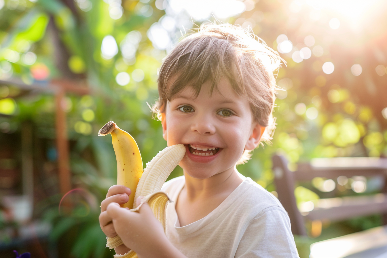 Image gratuite Enfant mangeant une banane dans le jardin 5