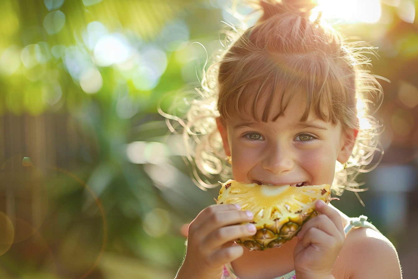 Image gratuite Enfant mangeant une tranche d&rsquo;ananas dans le jardin 1
