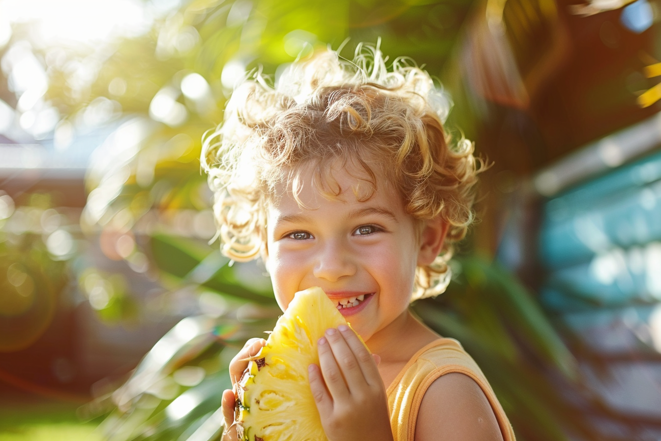 Image gratuite Enfant mangeant une tranche d&rsquo;ananas dans le jardin 2