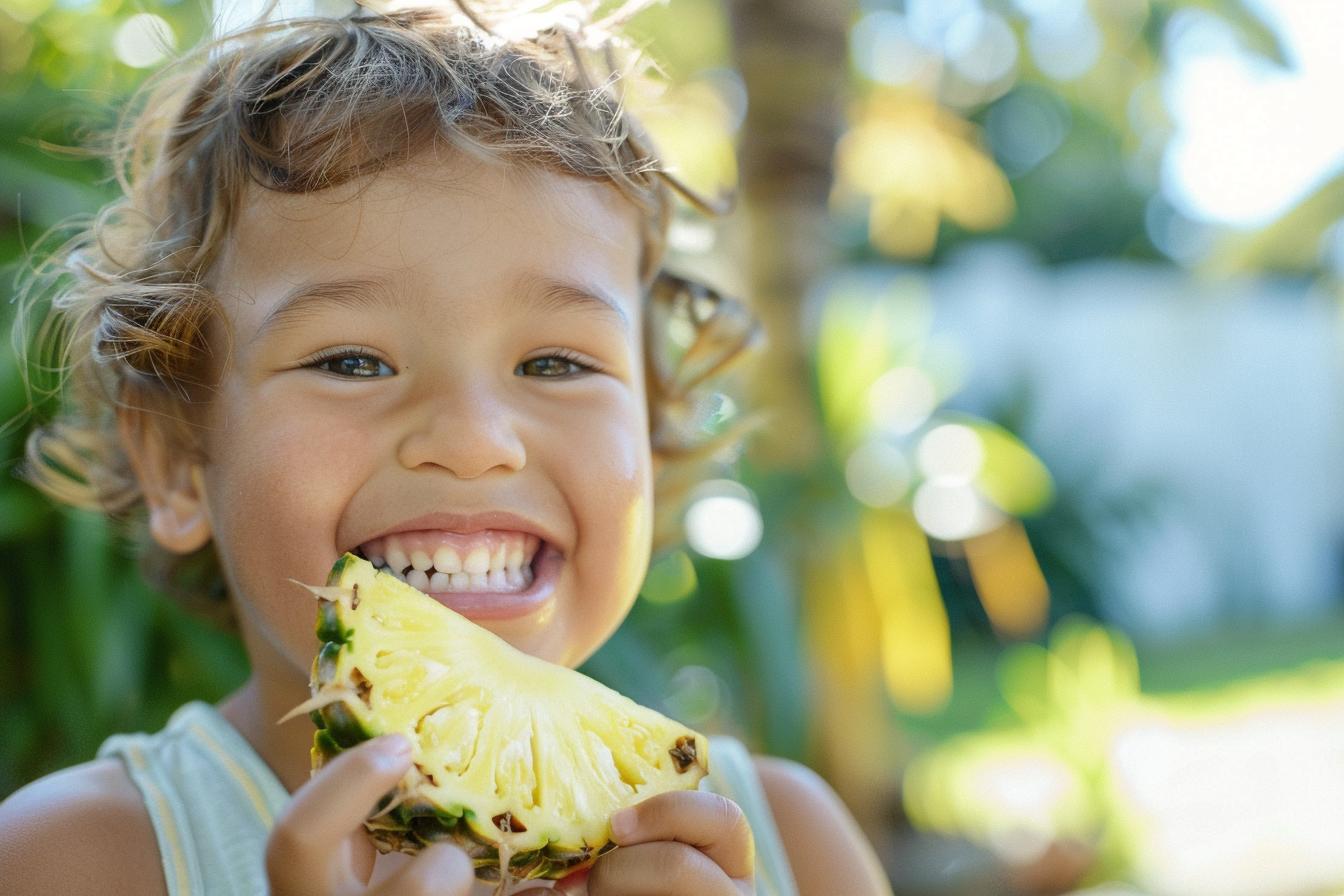 Image gratuite Enfant mangeant une tranche d&rsquo;ananas dans le jardin 3