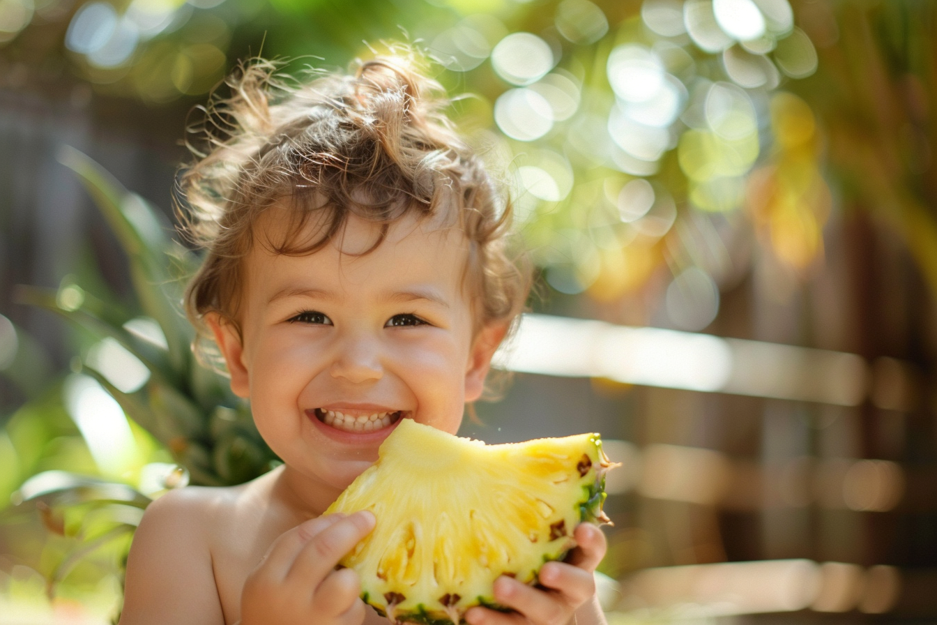 Image gratuite Enfant mangeant une tranche d&rsquo;ananas dans le jardin 4