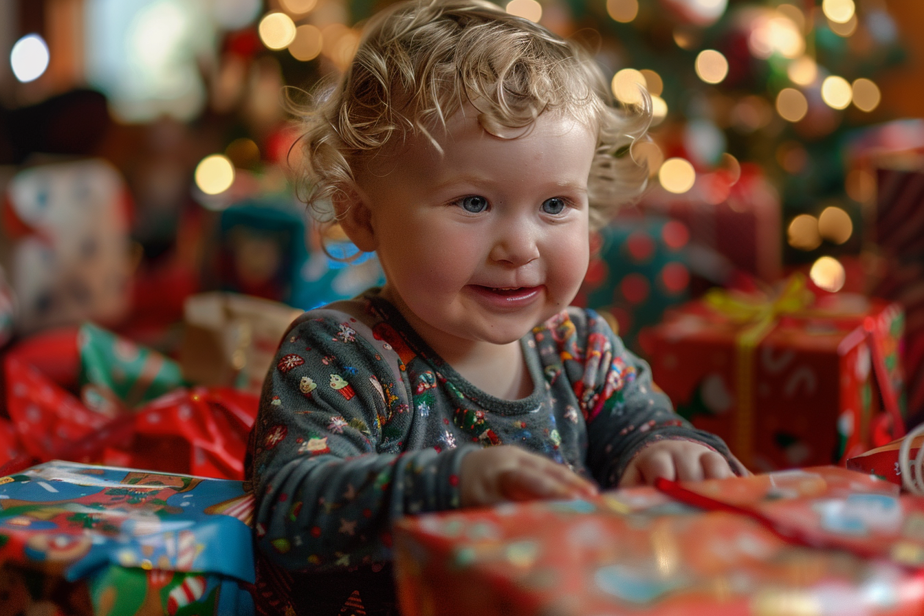 Image gratuite Enfant ouvrant cadeaux Noël matin 1