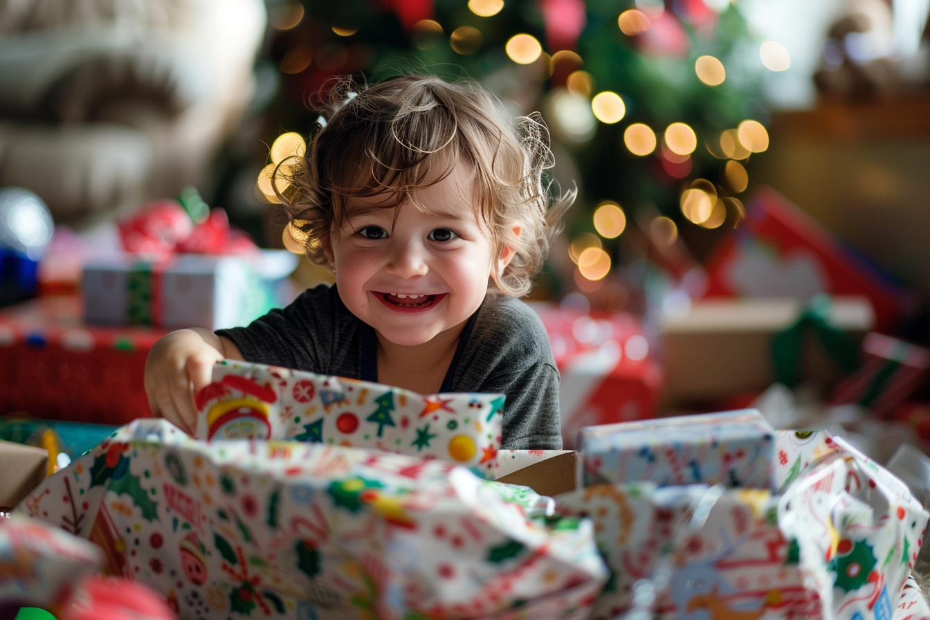 Image gratuite Enfant ouvrant cadeaux Noël matin 2