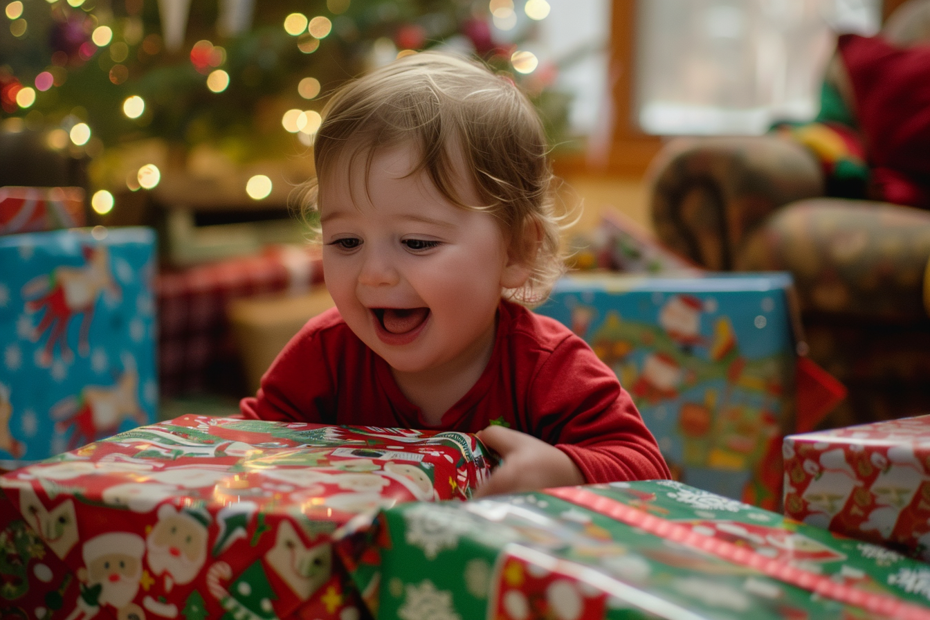 Image gratuite Enfant ouvrant cadeaux Noël matin 3