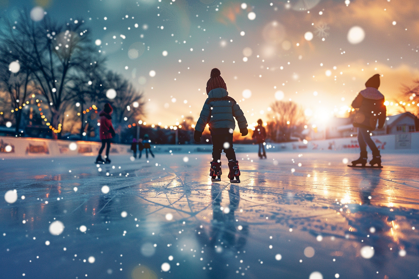 Image gratuite Enfant patinant sur étang gelé sous ciel étoilé 1