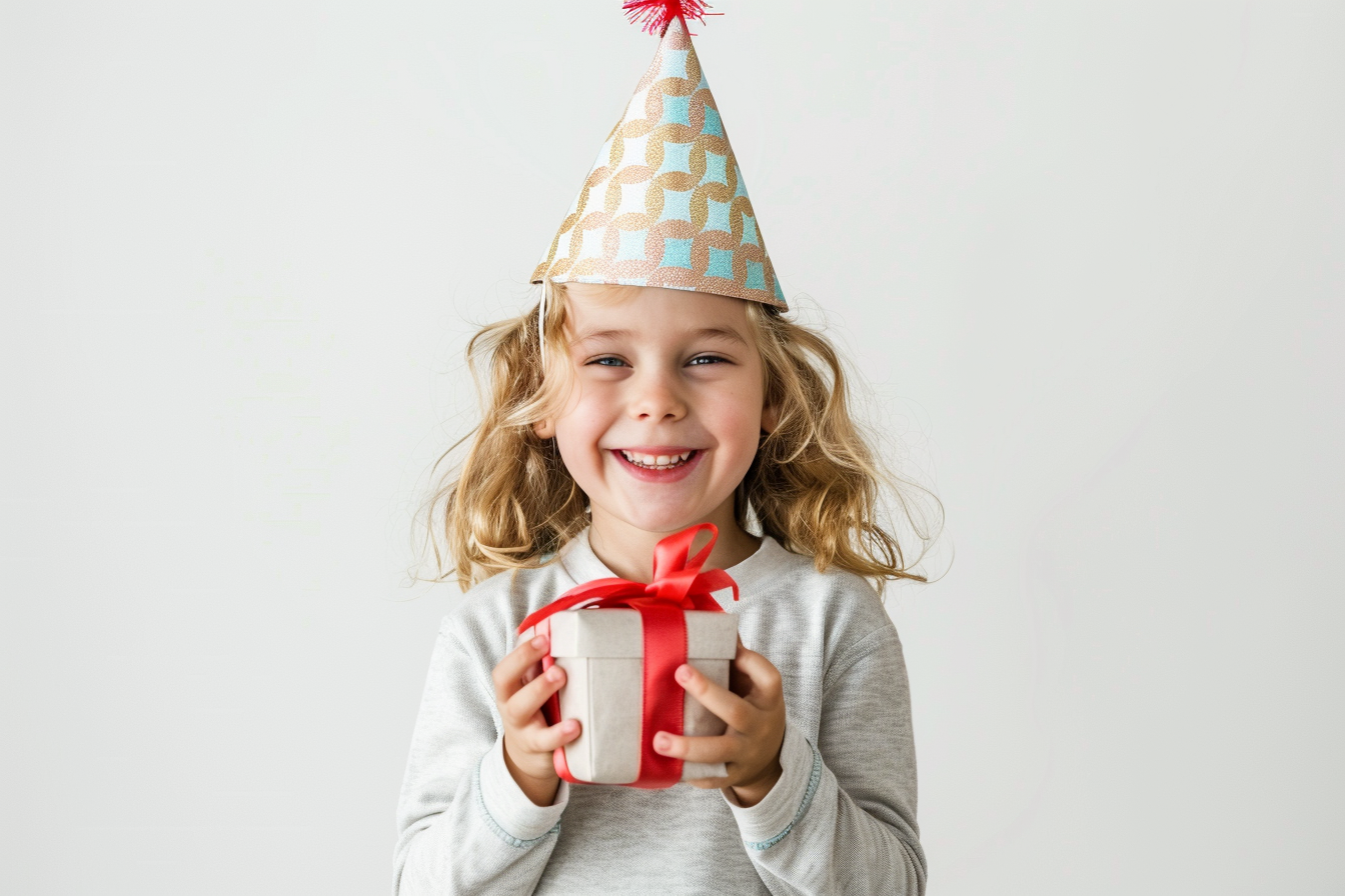 Image gratuite Enfant riant avec un cadeau et chapeau de fête 1