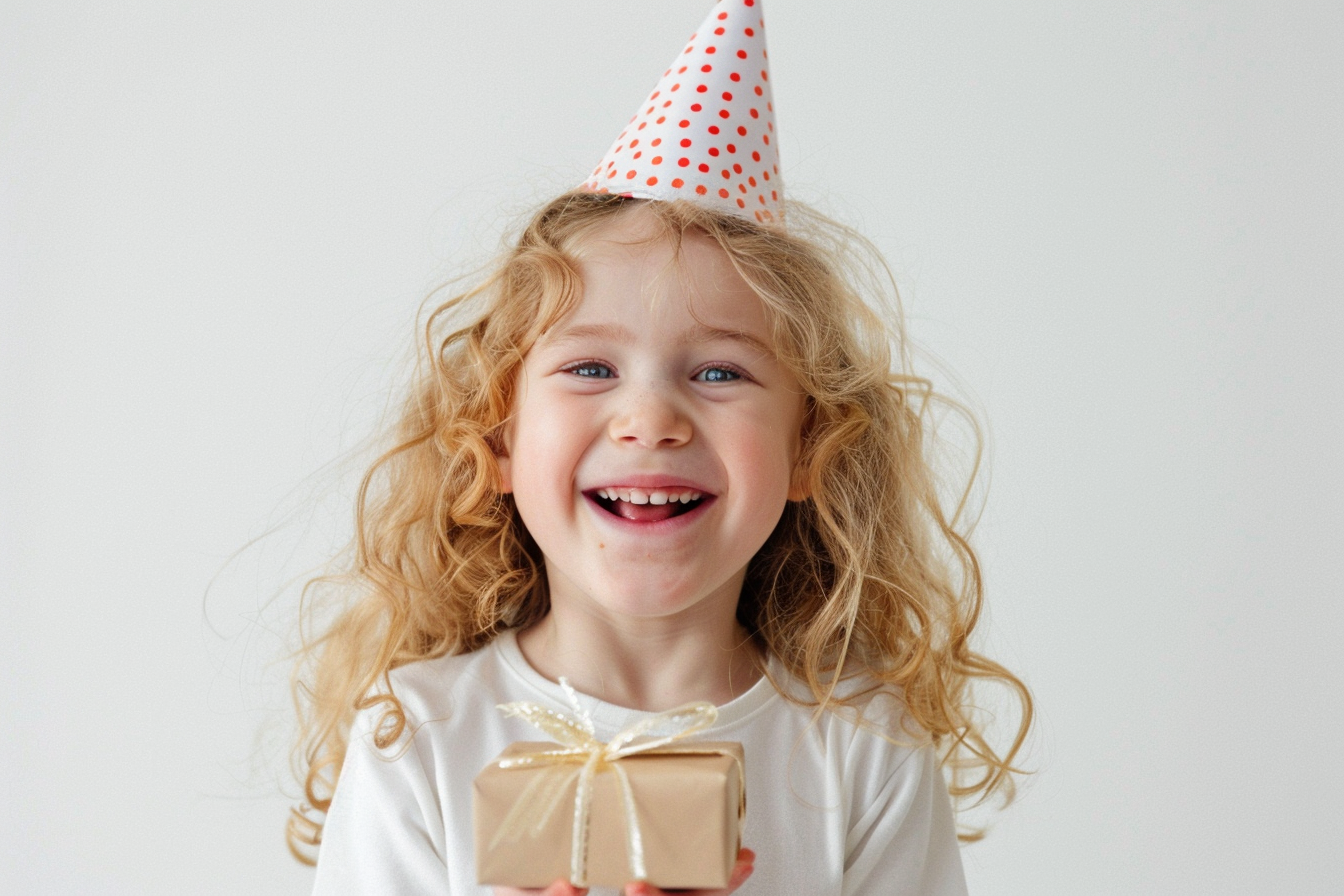 Image gratuite Enfant riant avec un cadeau et chapeau de fête 2