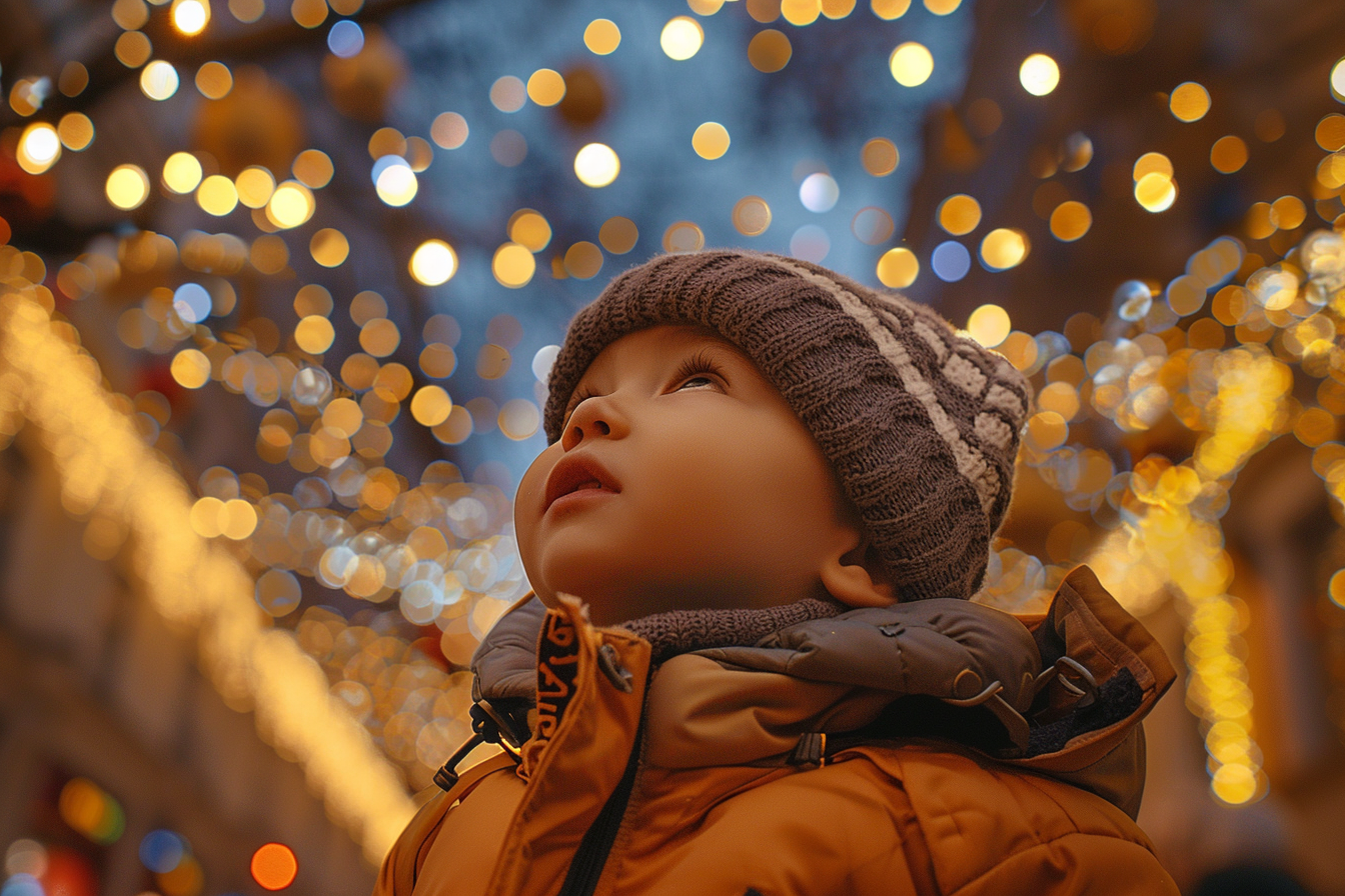 Image gratuite Enfant s&rsquo;émerveillant devant lumières de Noël 1