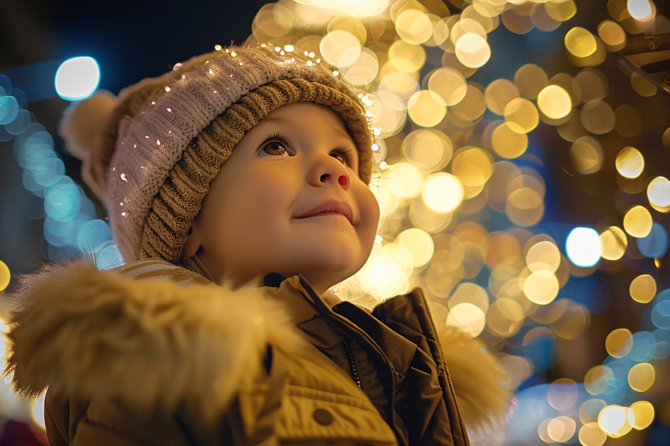 Image gratuite Enfant s&rsquo;émerveillant devant lumières de Noël 2