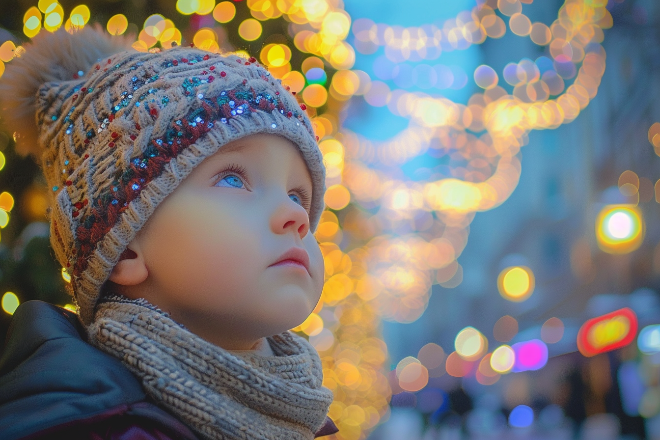 Image gratuite Enfant s&rsquo;émerveillant devant lumières de Noël 3